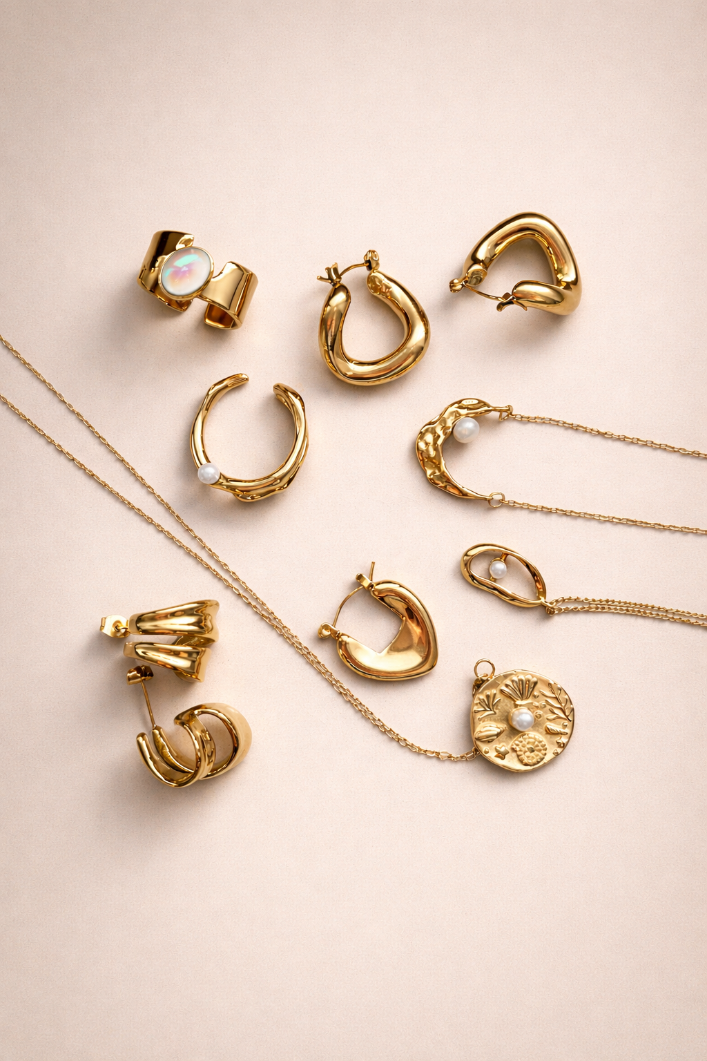 Auswahl goldener Bestseller-Schmuckstücke mit Ringen, Ohrringen und Halsketten aus 18K vergoldetem Design