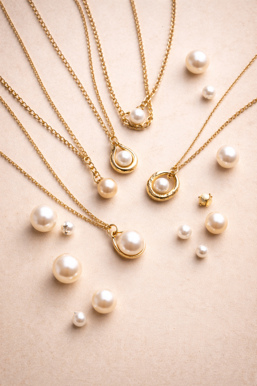 Perlen-Schmuckkollektion mit goldenen Halsketten und fein schimmernden Perlen in zeitlosem Design