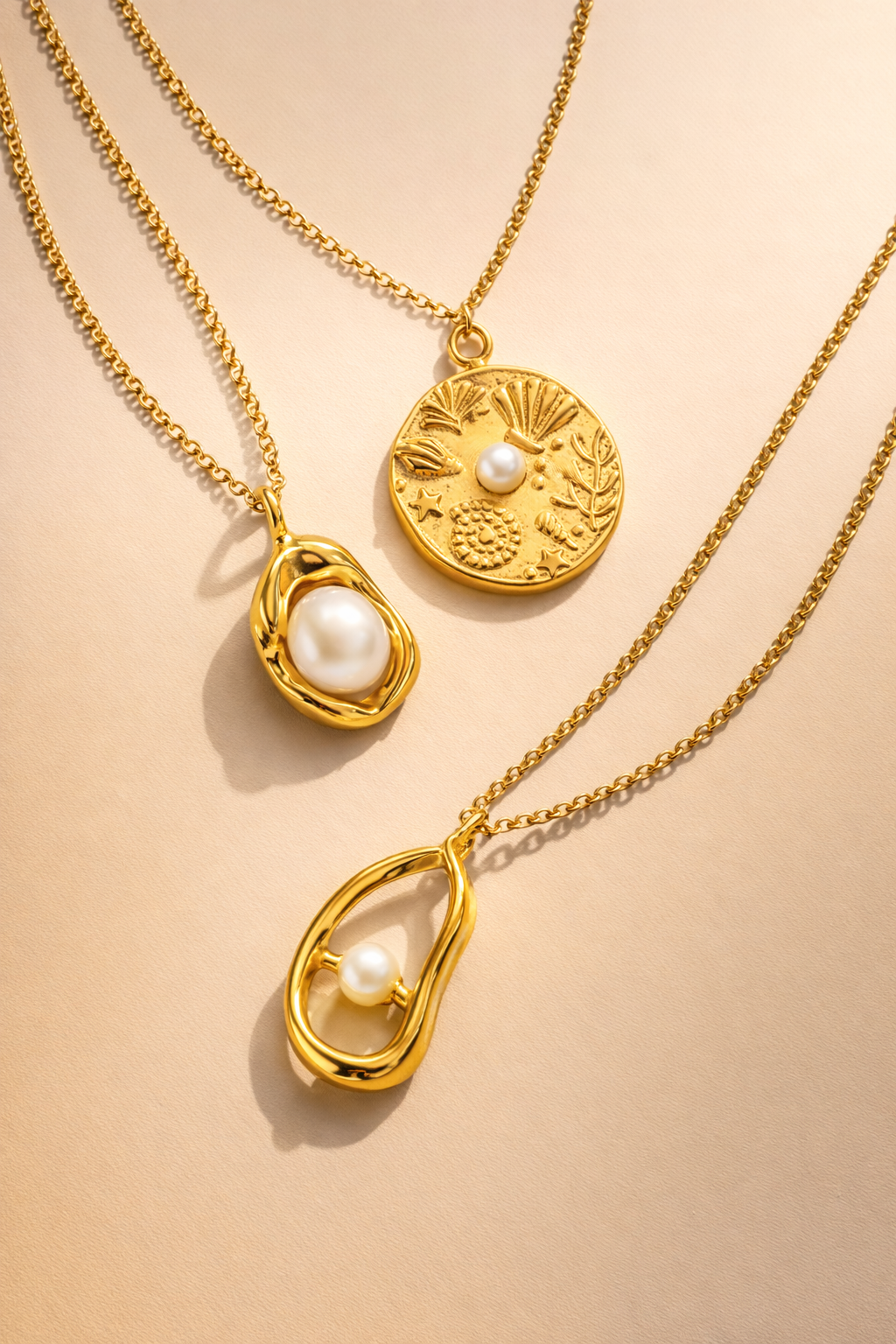 Goldene Halsketten mit Perlenanhängern im Layering-Stil aus der Halsketten-Kollektion