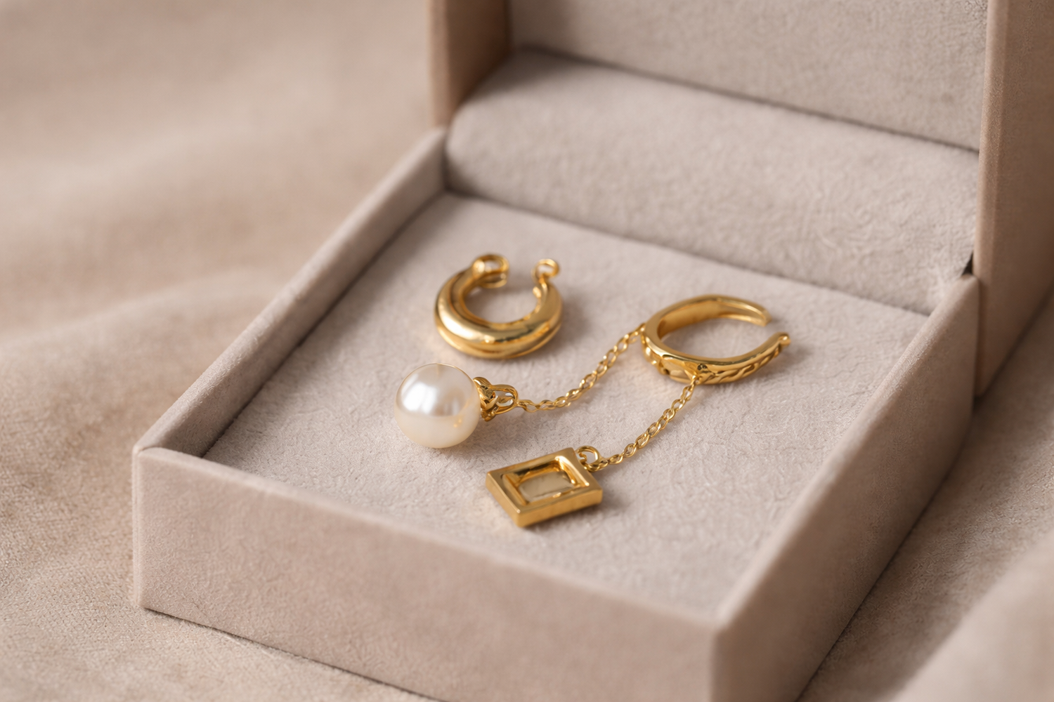 Goldfarbene Ohrringe aus Edelstahl mit Perlenanhänger und Kettendetail, präsentiert in einer Schmuckbox, mit 2 Jahren Garantie.